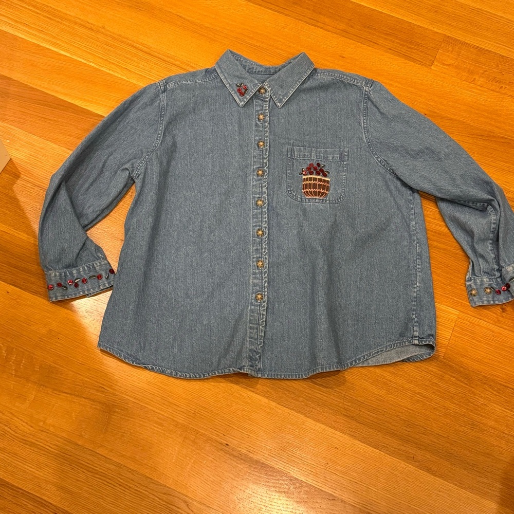 90’s Style Embroidered Denim Button-Up Shirt Apples Teacher Size 1X